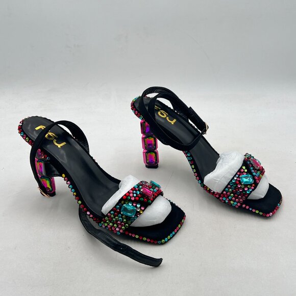 FSJ Black Colorful Rhinestones Diamond Heel Square Open Toe Ankle Strap Sandals - Picture 4 of 8